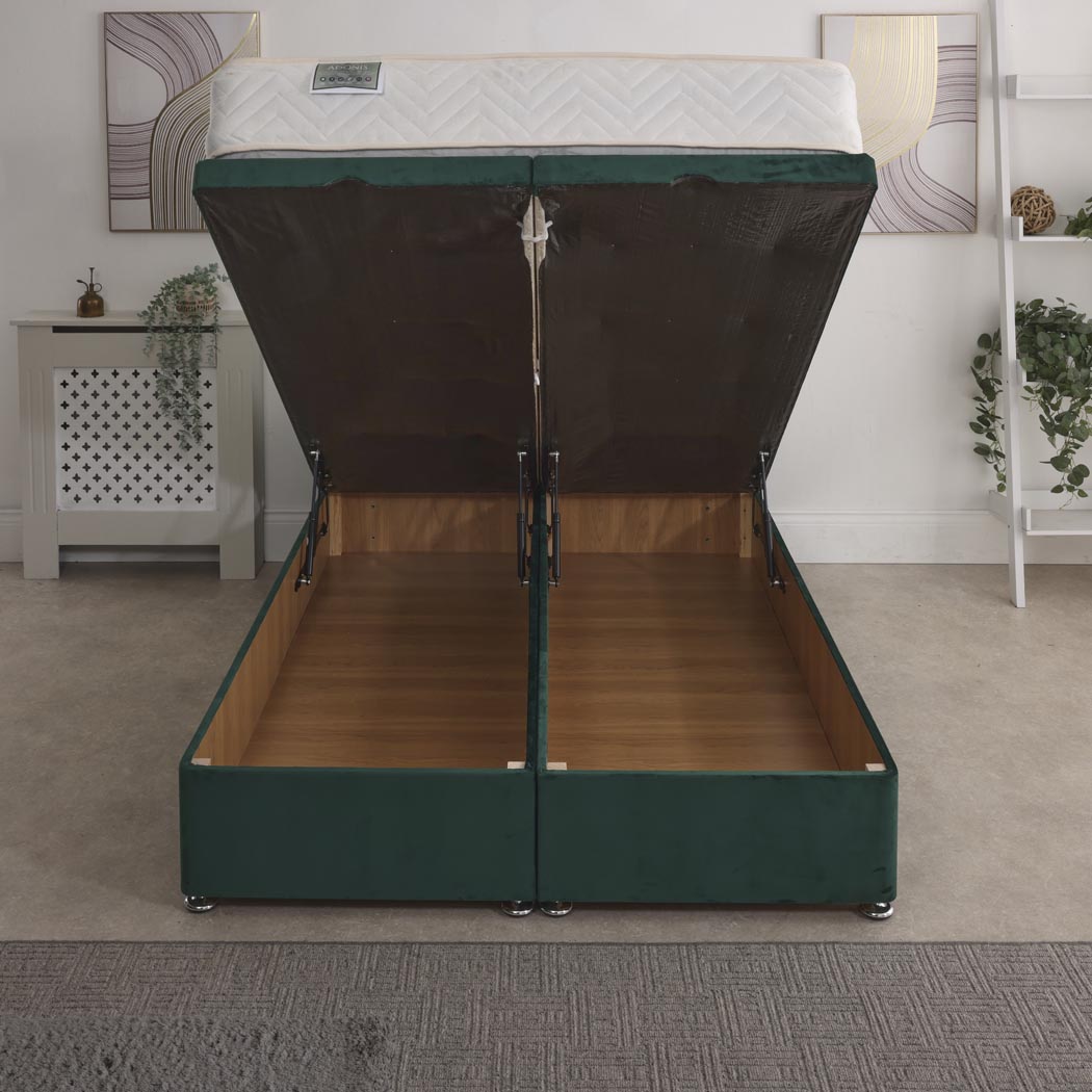 Adonis Coil Sprung Ottoman End Lift Bed Set – front view, storage open
