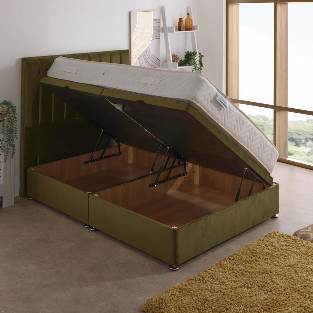 Adonis Coil Sprung Ottoman Side Lift Bed Set – angled view, storage open