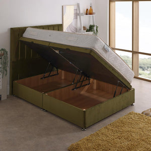 Adonis Coil Sprung Ottoman Side Lift Bed Set – angled view, storage open