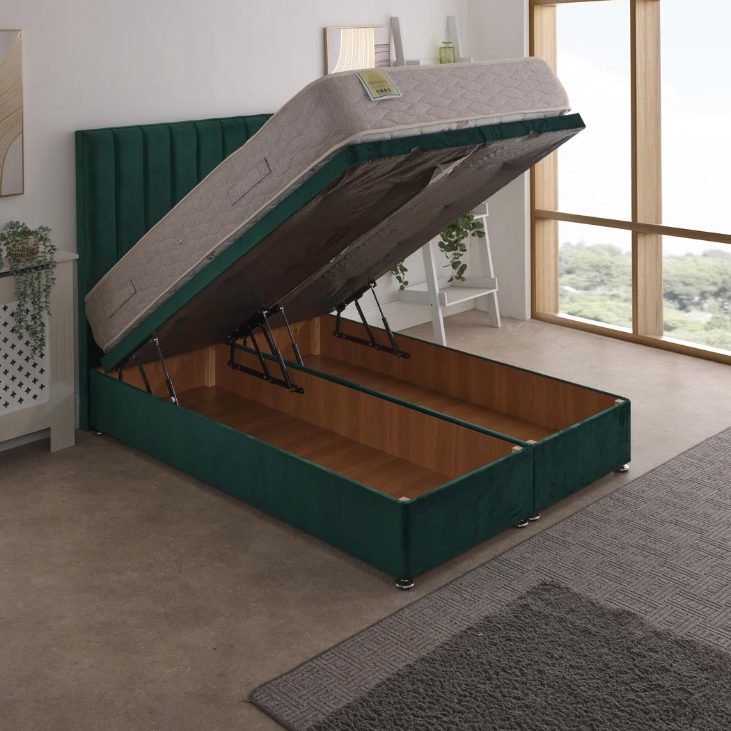 Aphrodite Coil Sprung Ottoman End Lift Bed Set – angled view, storage open