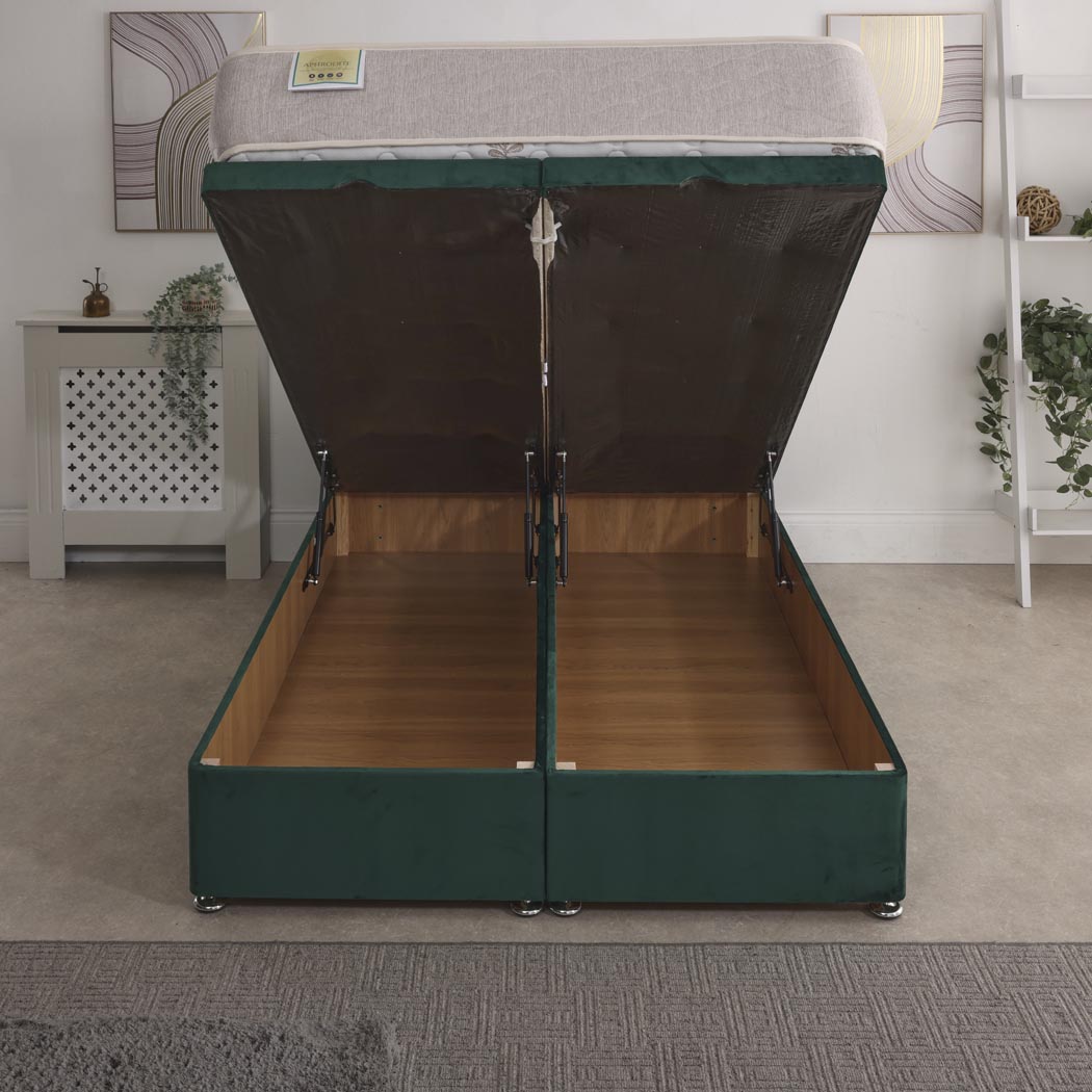 Aphrodite Coil Sprung Ottoman End Lift Bed Set – rear view, storage open