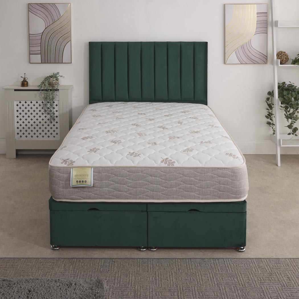 Aphrodite Coil Sprung Ottoman End Lift Bed Set – front view, styled in a bedroom