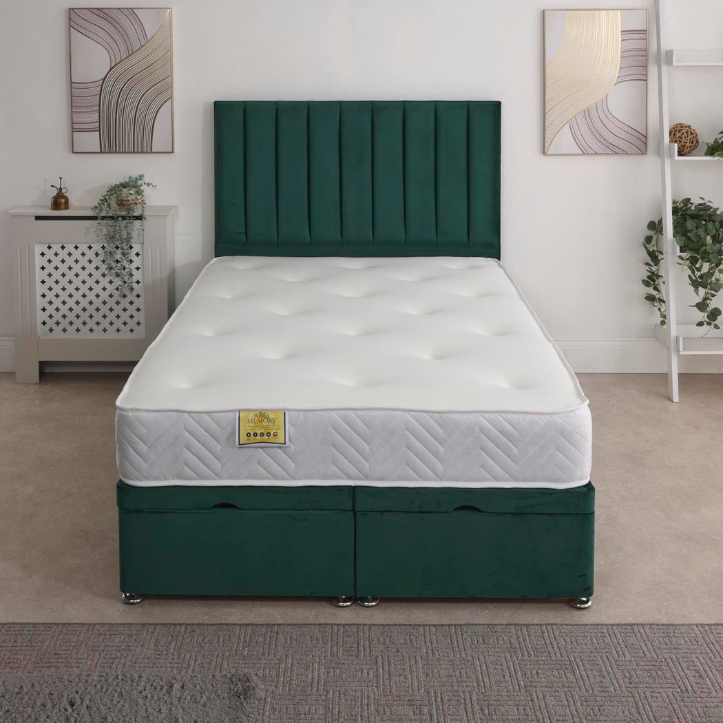 Ares Memory Coil Sprung Ottoman End Lift Bed Set – front view, styled in a bedroom