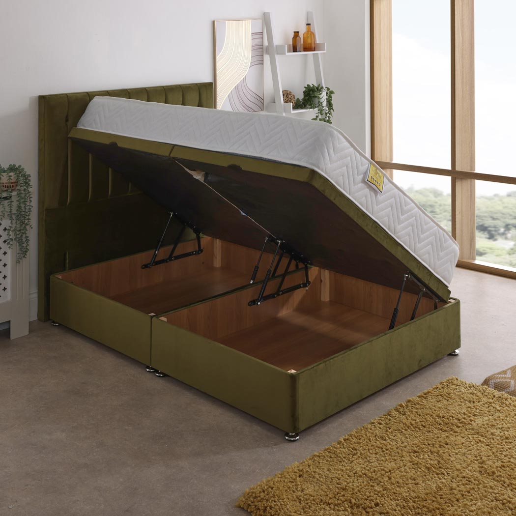 Ares Memory Coil Sprung Ottoman Side Lift Bed Set – angled view, storage open