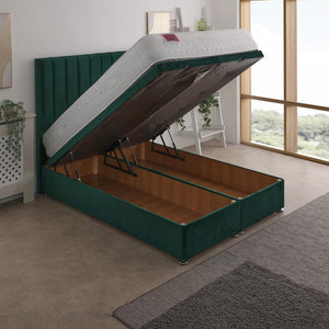 Buckingham Coil Sprung Ottoman End Lift Bed Set – angled view, storage open