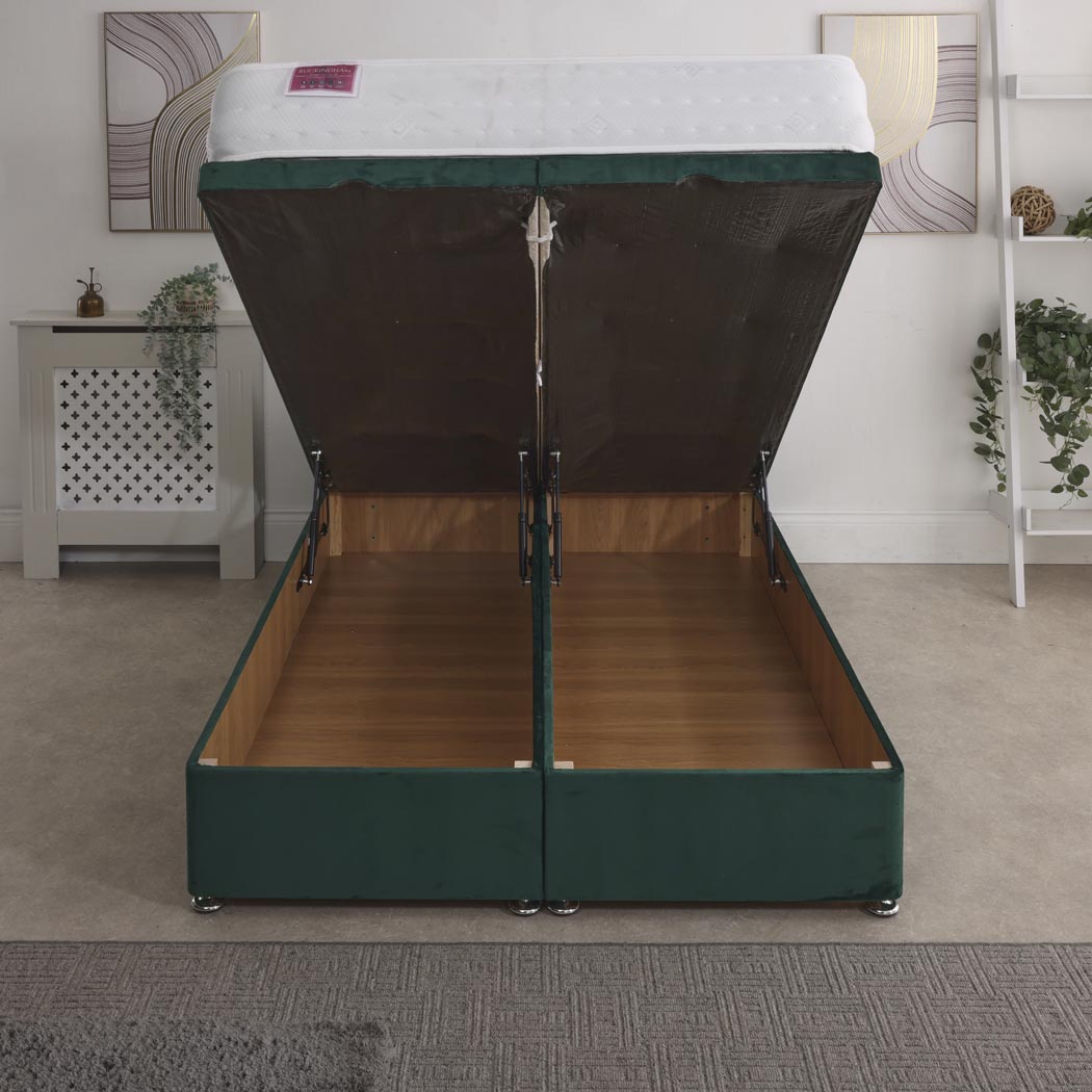 Buckingham Coil Sprung Ottoman End Lift Bed Set – front view, storage open