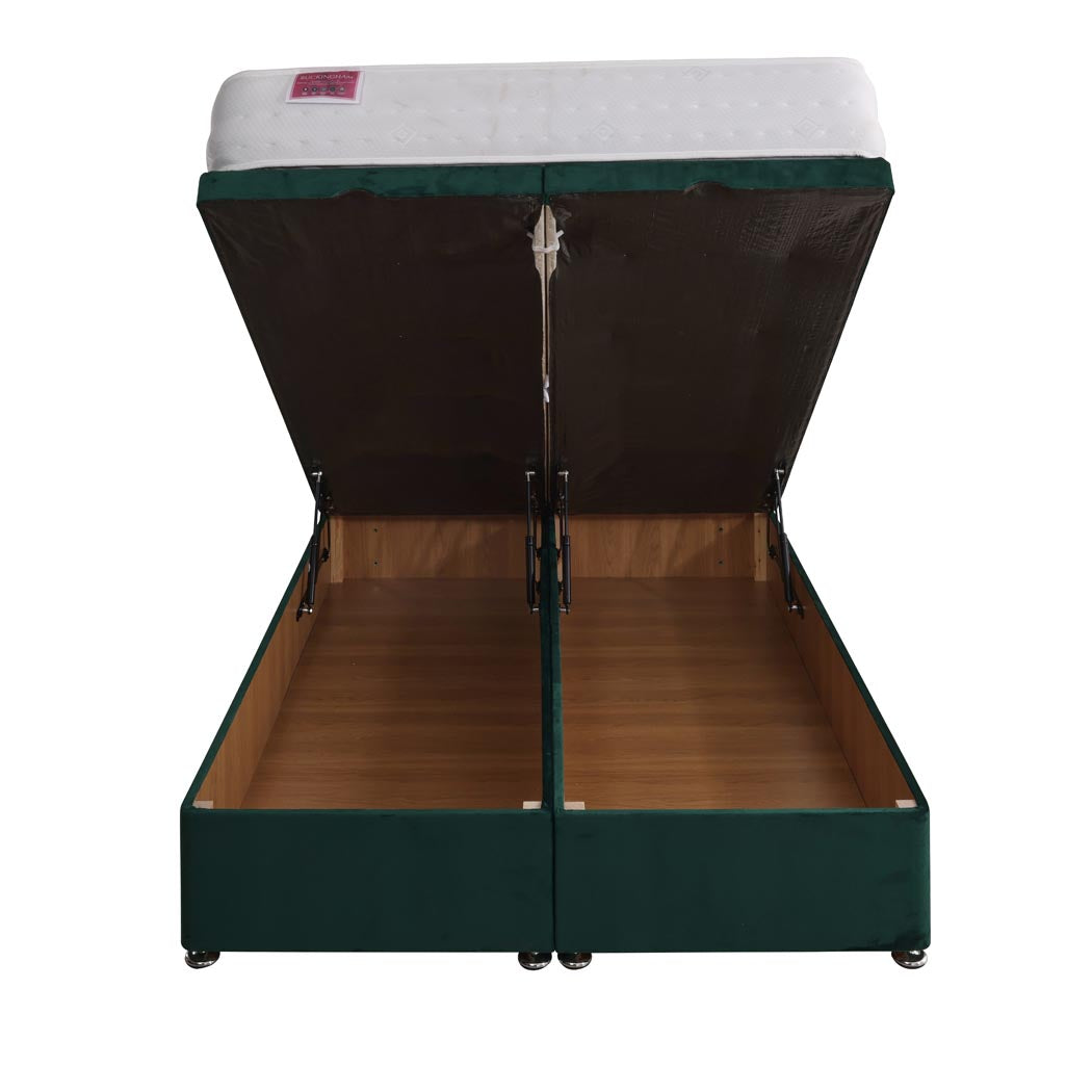 Buckingham Coil Sprung Ottoman End Lift Bed Set – front view, storage open