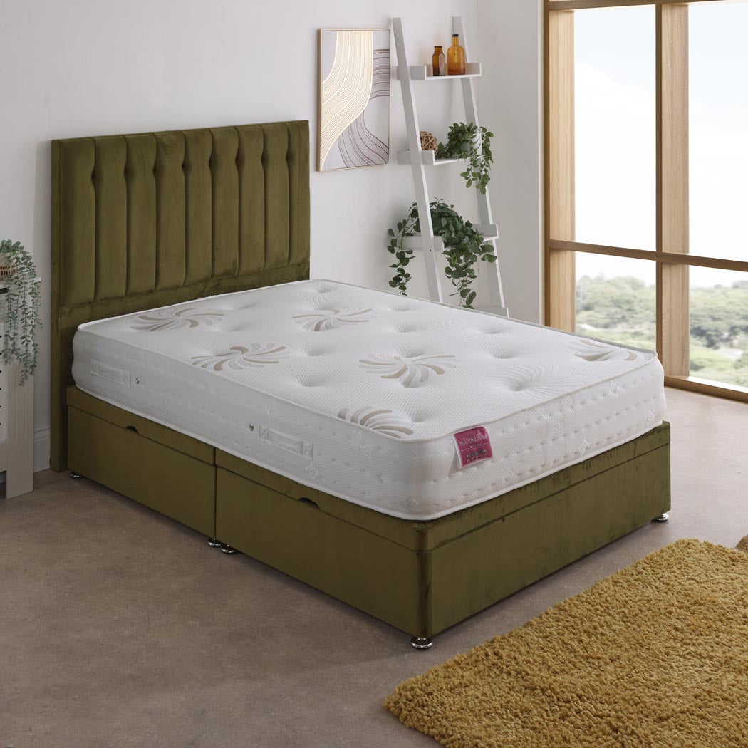 Buckingham Coil Sprung Ottoman Side Lift Bed Set – angled view, storage closed