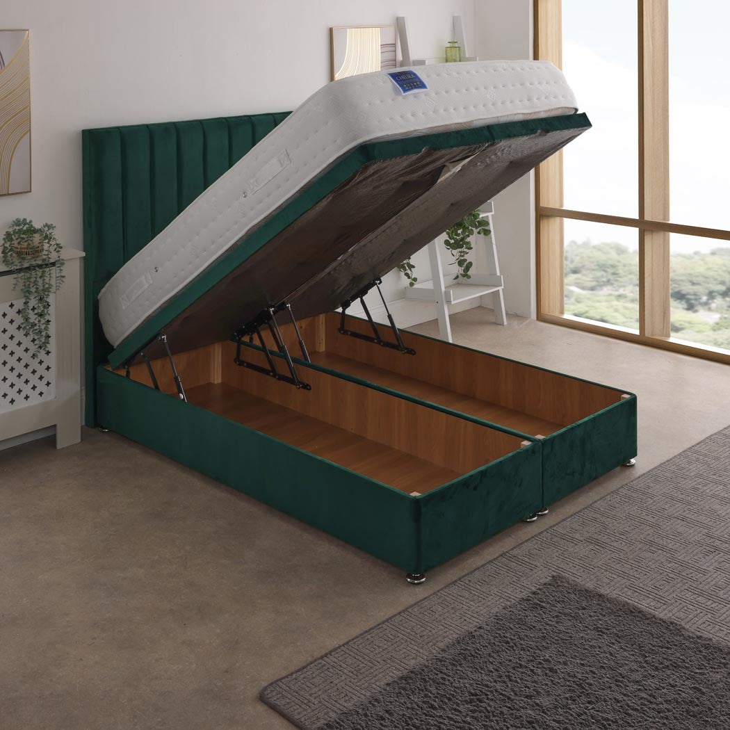 Chelsea 1500 Pocket Sprung Ottoman End Lift Bed Set – angled view, storage open