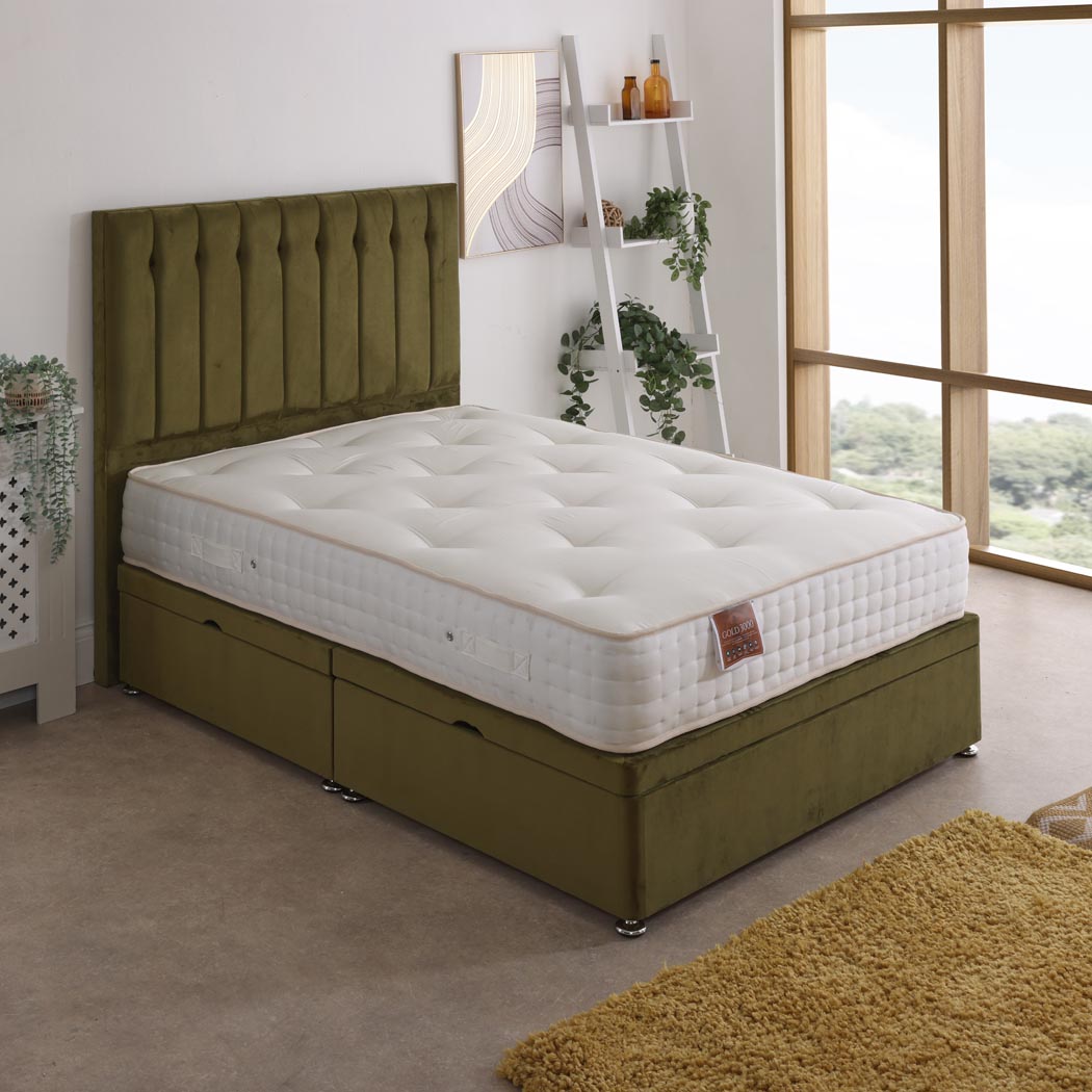 Comfort Gold 3000 Pocket Sprung Intelligent Memory Ottoman Side Lift Bed Set – styled in a bedroom