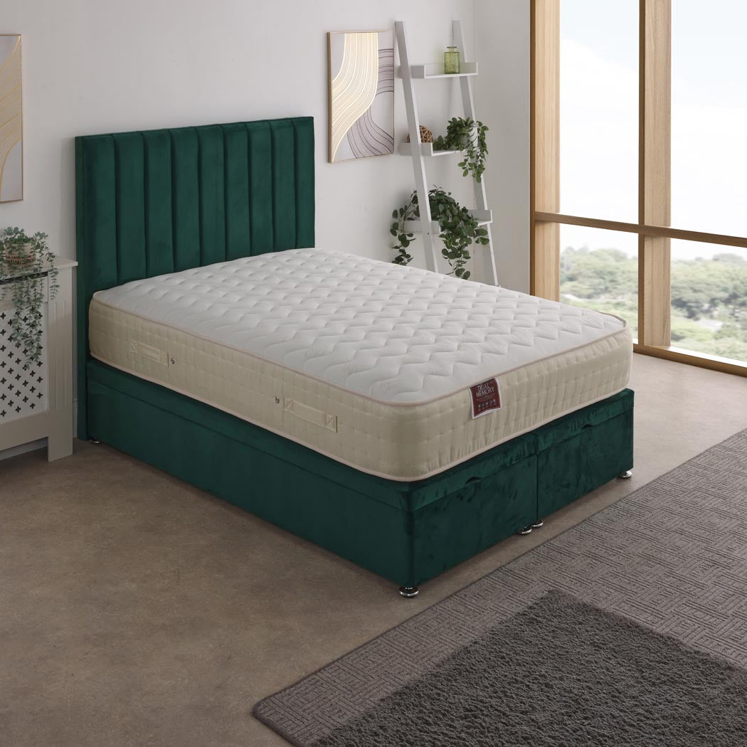 Dual Memory 1500 Pocket Sprung Ottoman End Lift Bed Set – styled in a bedroom