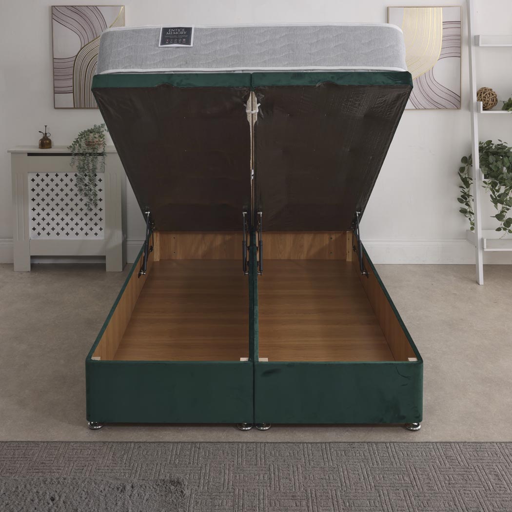 Entice Memory Coil Sprung Ottoman End Lift Bed Set – front view, storage open