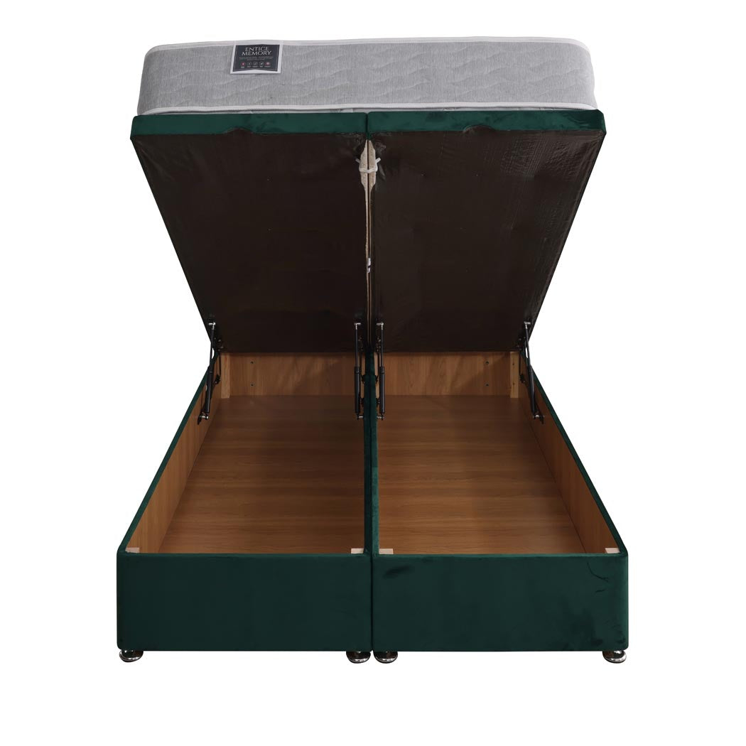 Entice Memory Coil Sprung Ottoman End Lift Bed Set – front view, storage open