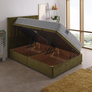 Entice Memory Coil Sprung Ottoman Side Lift Bed Set – angled view, storage open