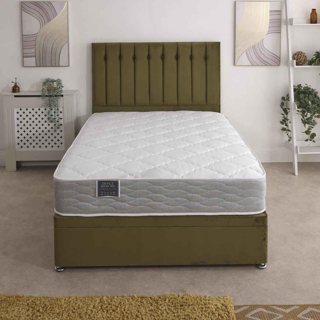 Entice Memory Coil Sprung Ottoman Side Lift Bed Set – front view, styled in a bedroom