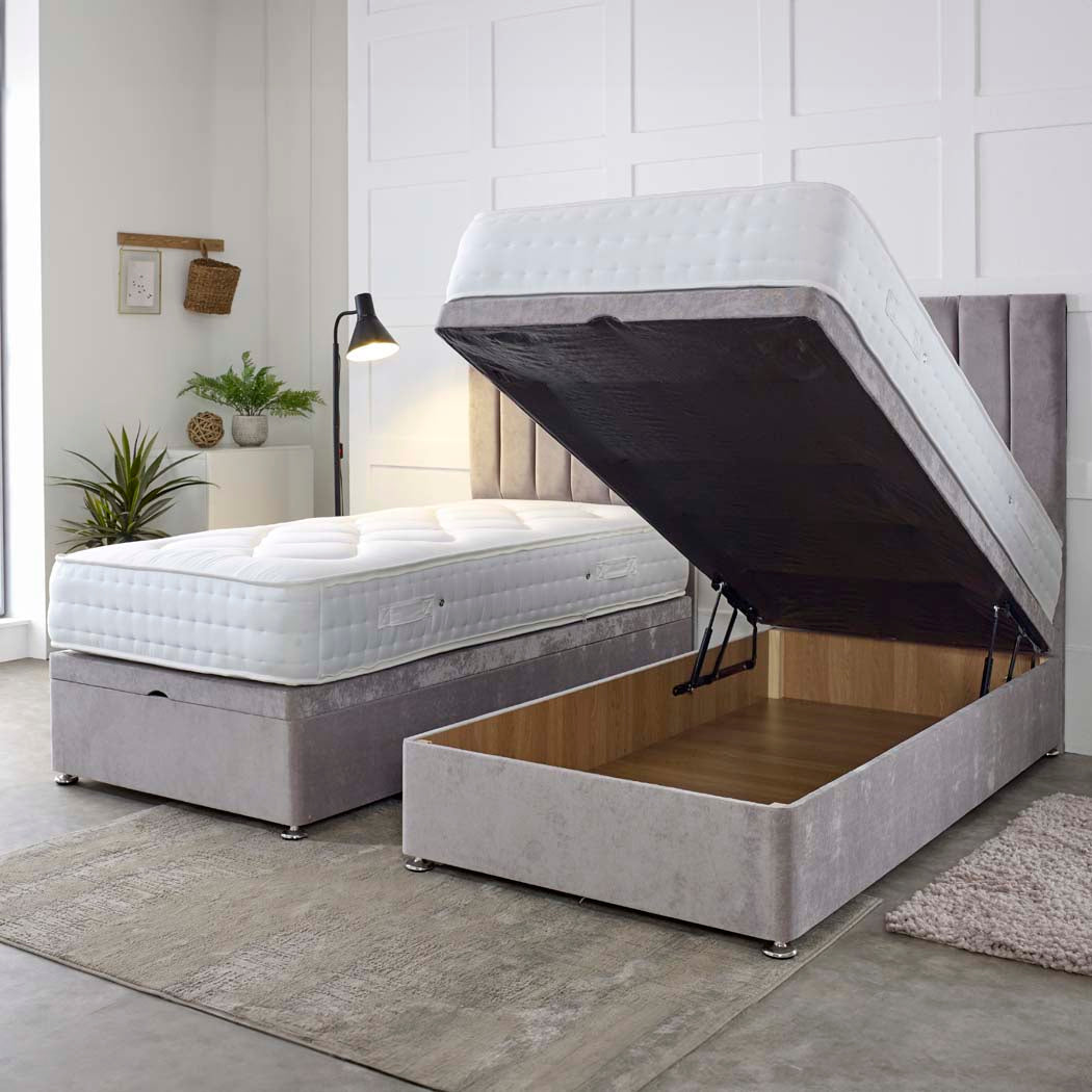 Essential Guest Hotel Zip and Link 2000 Pocket Sprung Ottoman Divan Bed Set – angled view, storage open
