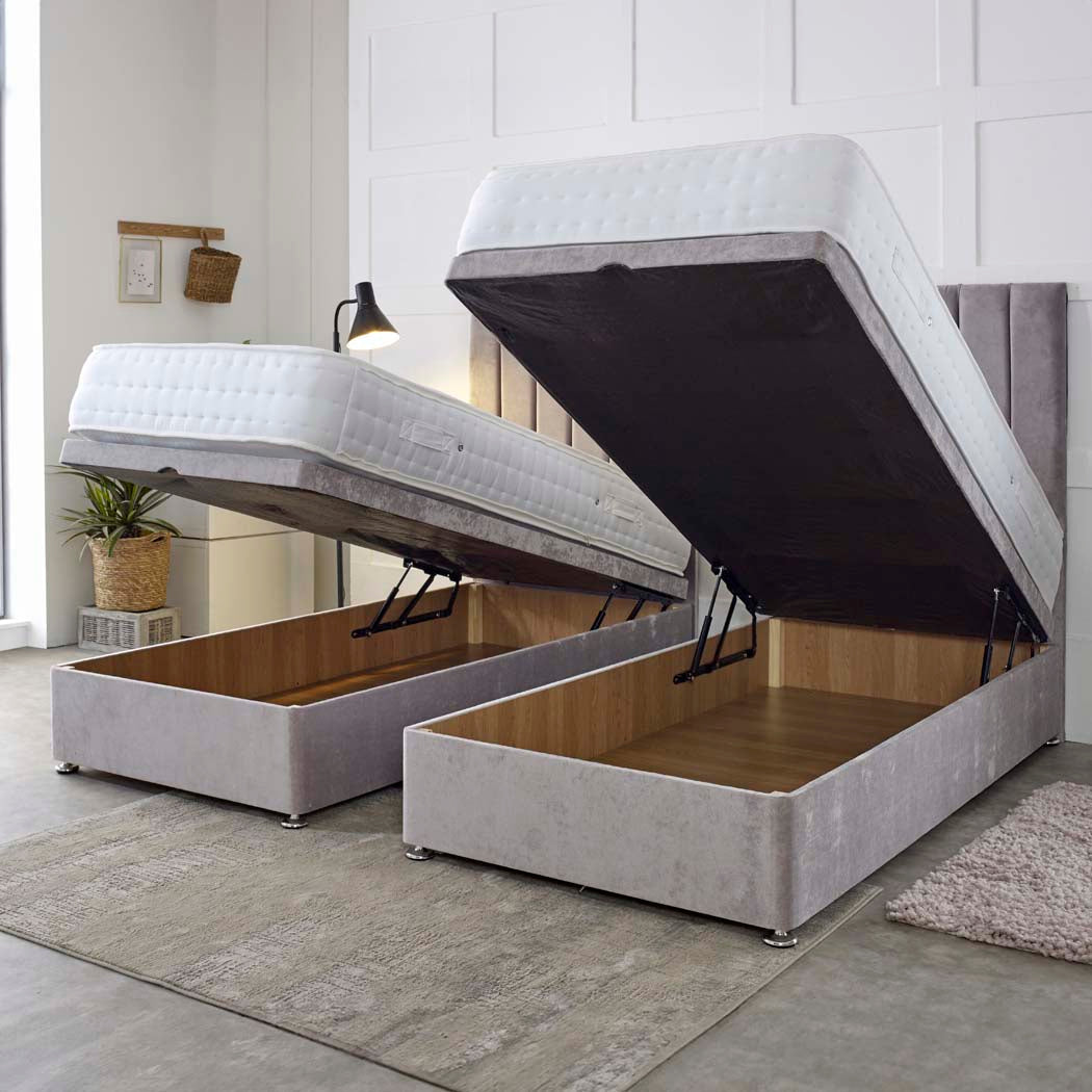 Essential Guest Hotel Zip and Link 2000 Pocket Sprung Ottoman Divan Bed Set – angled view, storage open