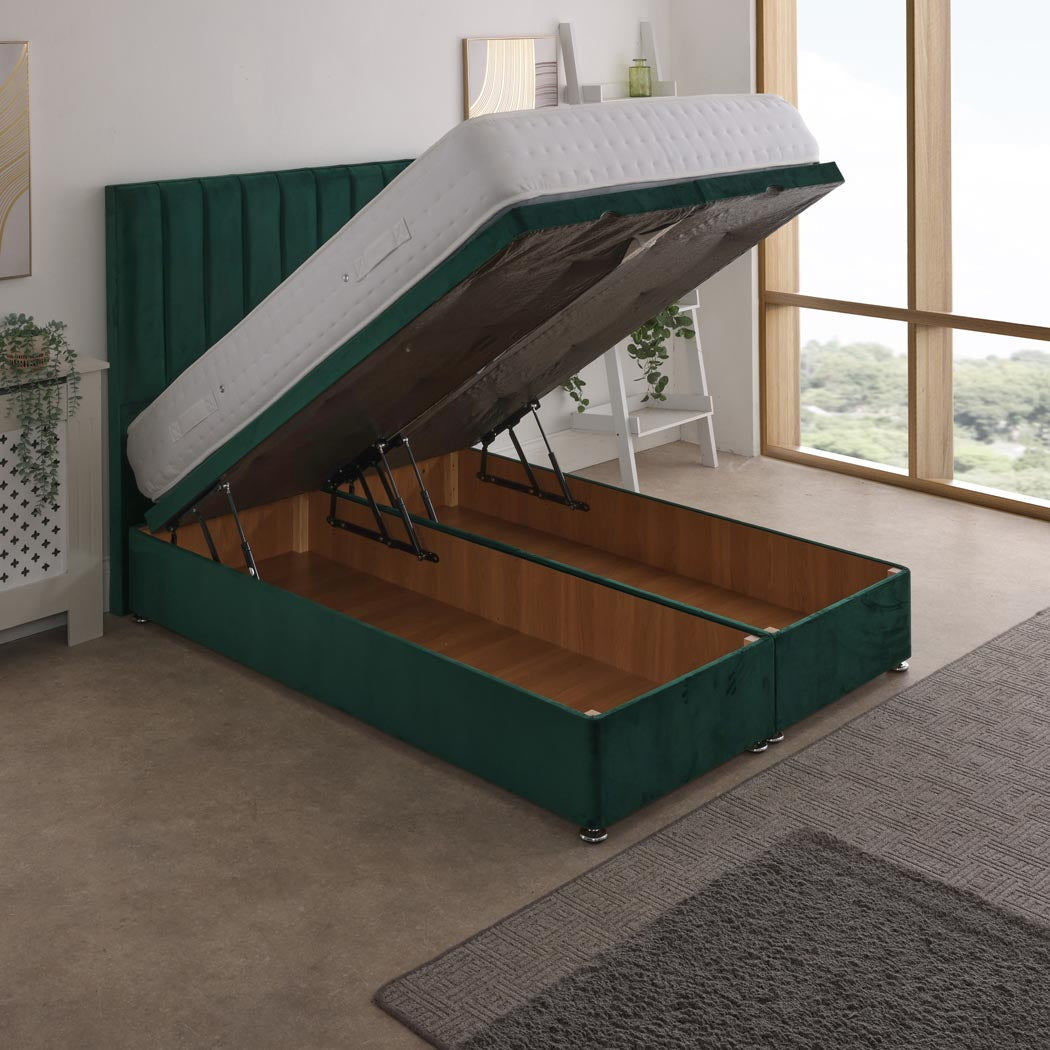 Essential Guest 1500 Pocket Sprung Ottoman End Lift Bed Set – angled view, storage open