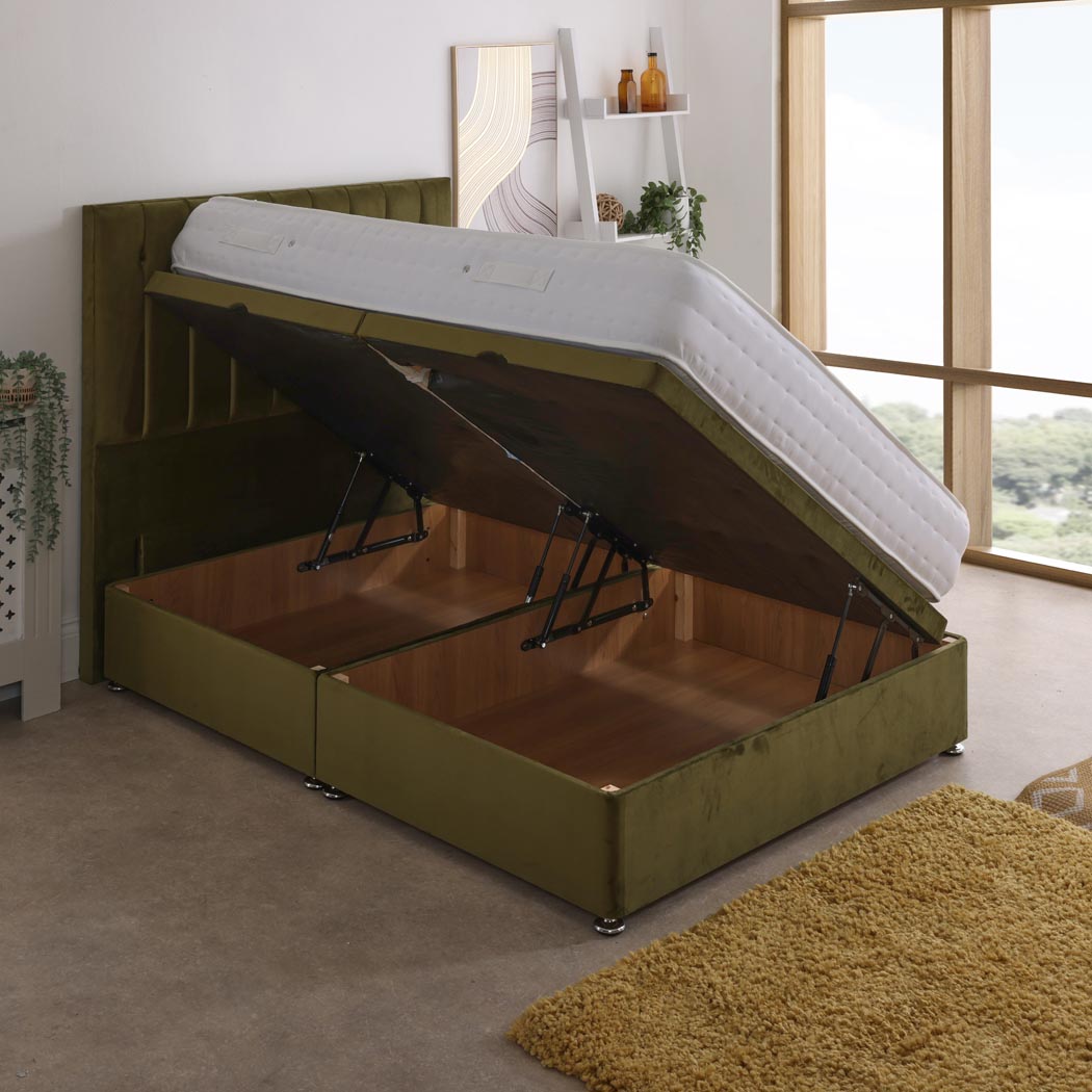 Essential Guest 2000 Pocket Sprung Ottoman Side Lift Bed Set – angled view, storage open