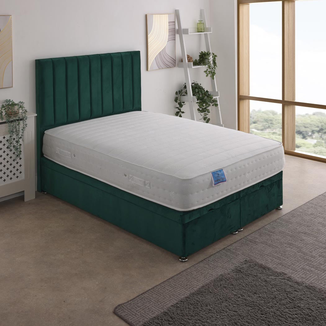 Gel Tec 1500 Pocket Sprung Ottoman End Lift Bed Set – styled in a bedroom