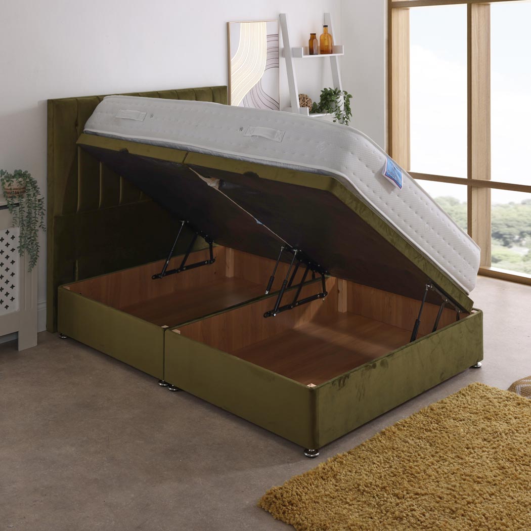Gel Tec 1500 Pocket Sprung Ottoman Side Lift Bed Set – angled view, storage open