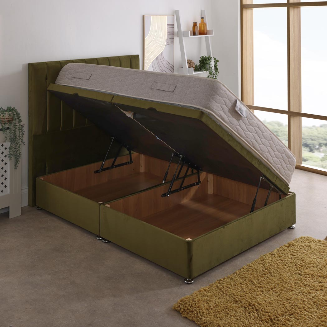 Hades Coil Sprung Ottoman Side Lift Bed Set – angled view, storage open