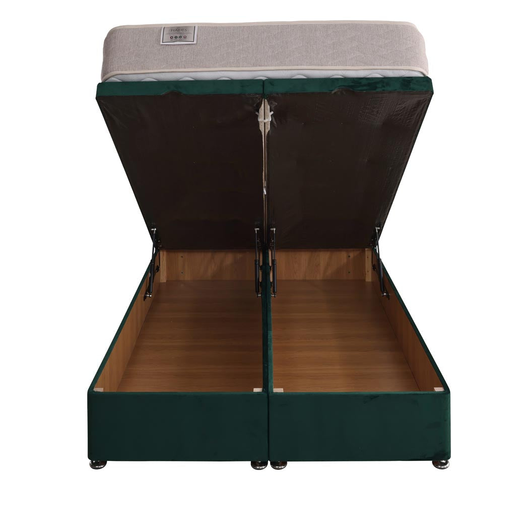 Hades Coil Sprung Ottoman End Lift Bed Set – rear view, storage open