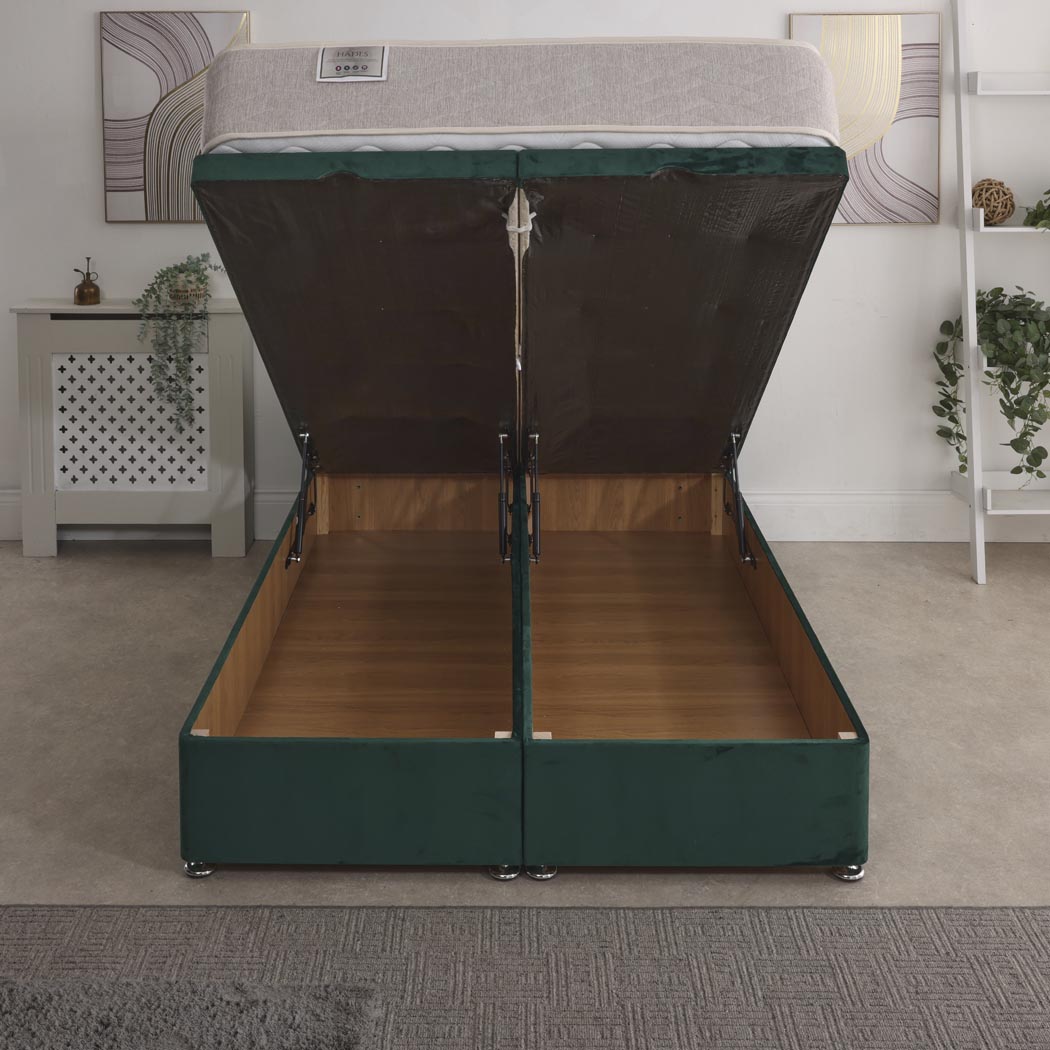 Hades Coil Sprung Ottoman End Lift Bed Set – rear view, storage open