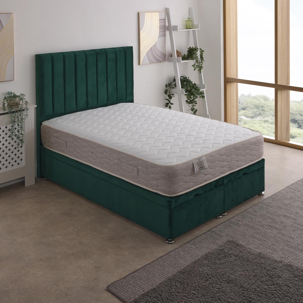Hades Coil Sprung Ottoman End Lift Bed Set – styled in a bedroom