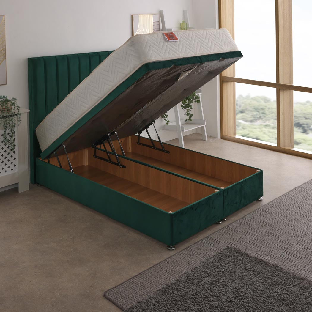 Hera Orthopaedic Coil Sprung Ottoman End Lift Bed Set – angled view, storage open