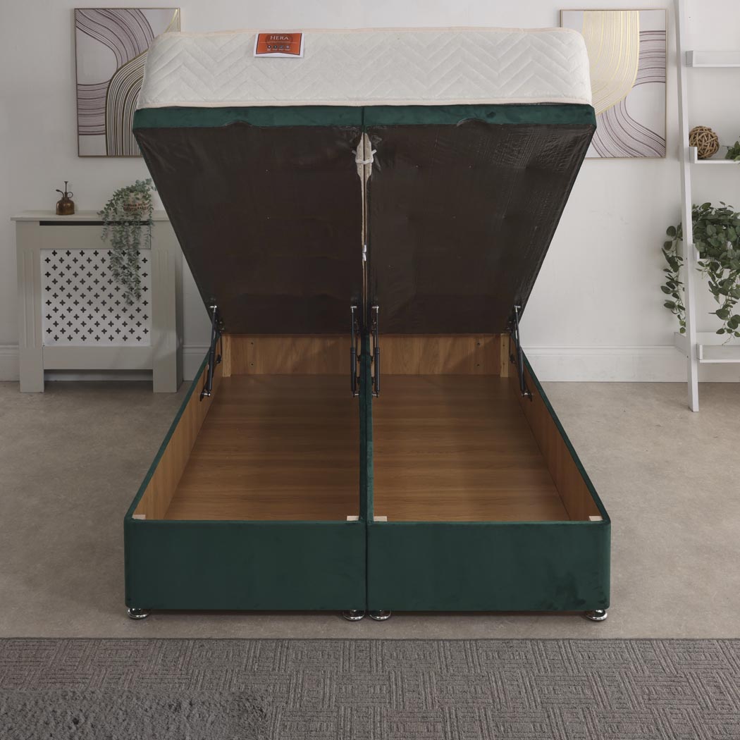 Hera Orthopaedic Coil Sprung Ottoman End Lift Bed Set – front view, storage open