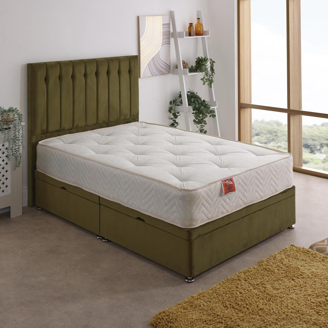 Hera Orthopaedic Coil Sprung Ottoman Side Lift Bed Set – styled in a bedroom