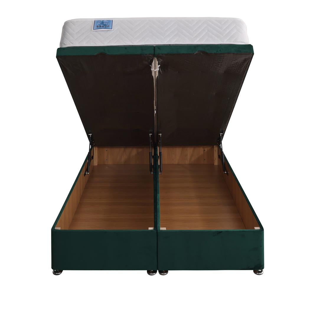 Hermes Coil Sprung Ottoman End Lift Bed Set – front view, storage open