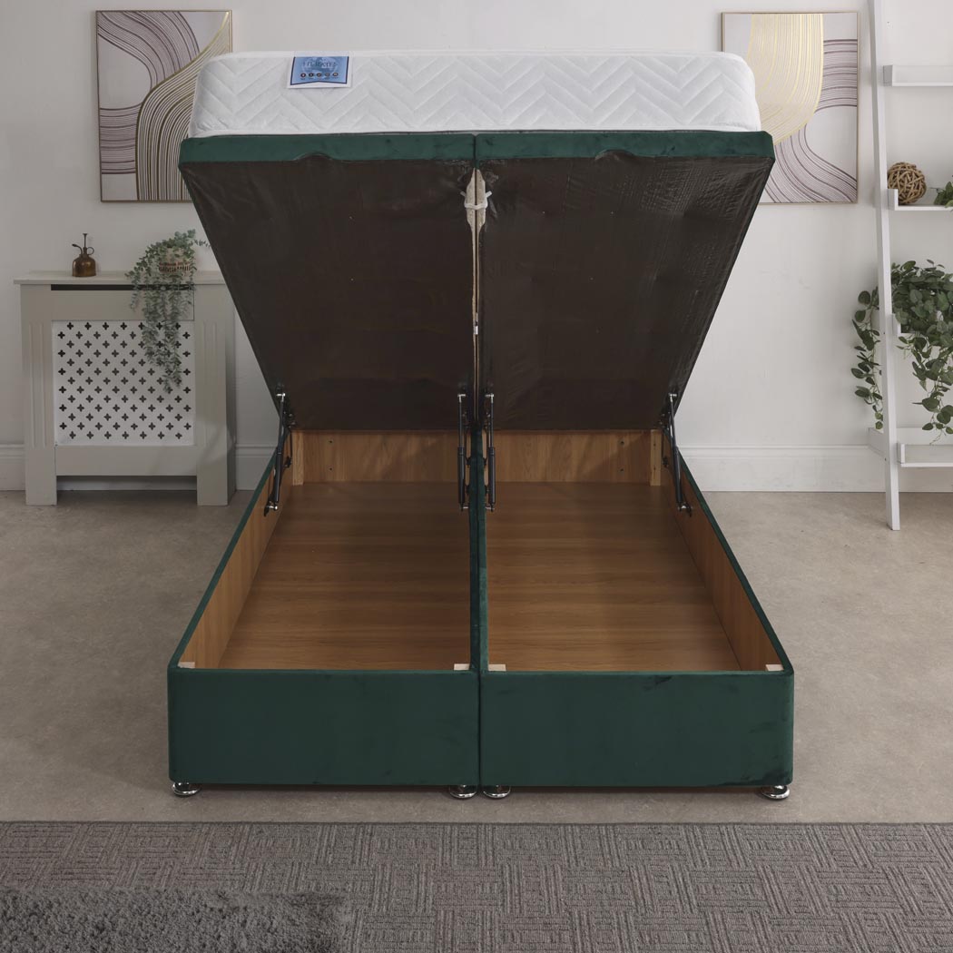 Hermes Coil Sprung Ottoman End Lift Bed Set – front view, storage open