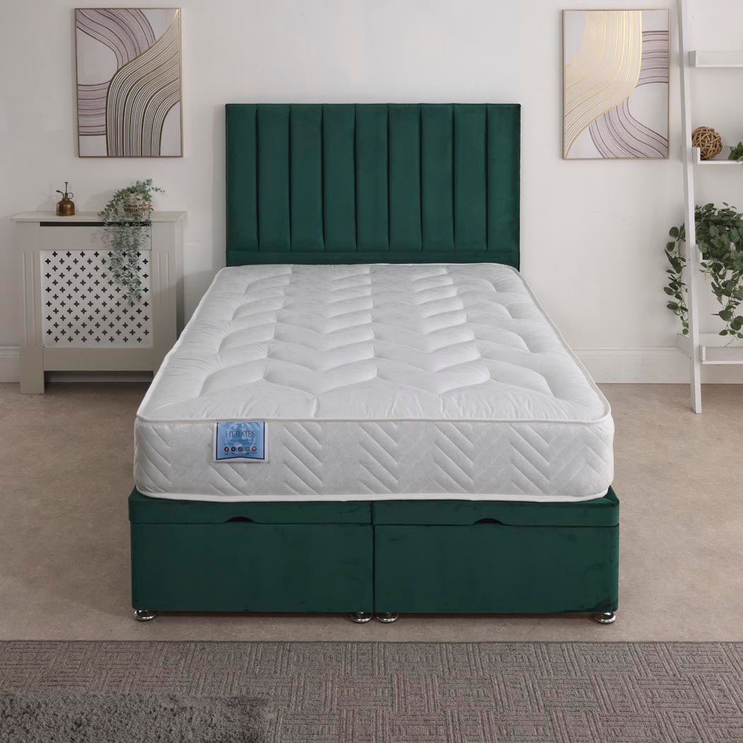 Hermes Coil Sprung Ottoman End Lift Bed Set – styled in a bedroom