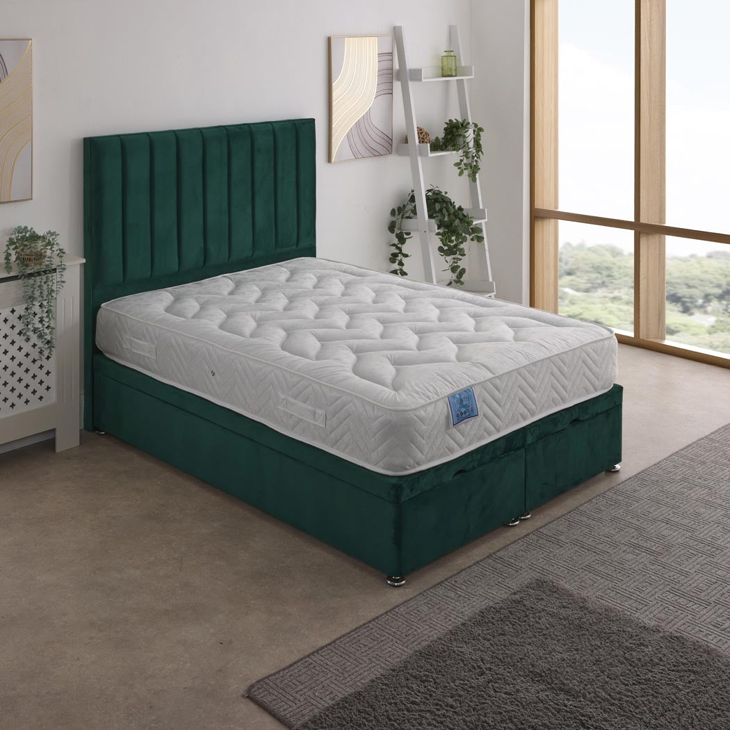 Hermes Coil Sprung Ottoman End Lift Bed Set – styled in a bedroom