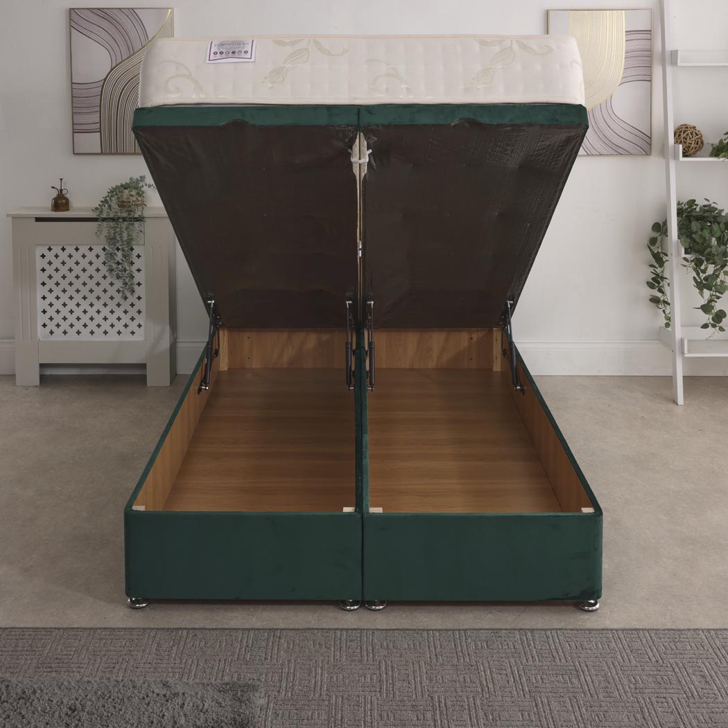 Korinthian 1000 Pocket Sprung Ottoman End Lift Bed Set – front view, storage open