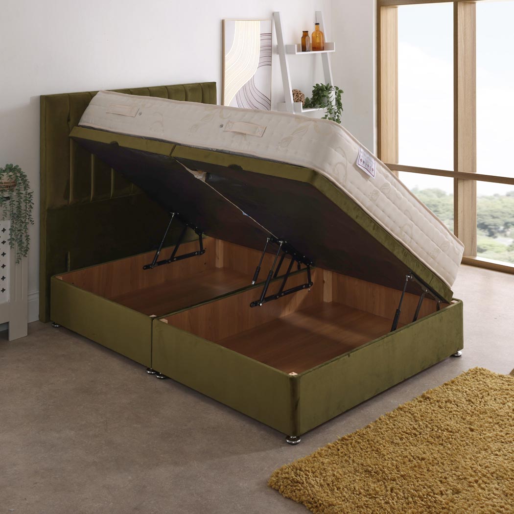Korinthian 1000 Pocket Sprung Ottoman Side Lift Bed Set – angled view, storage open