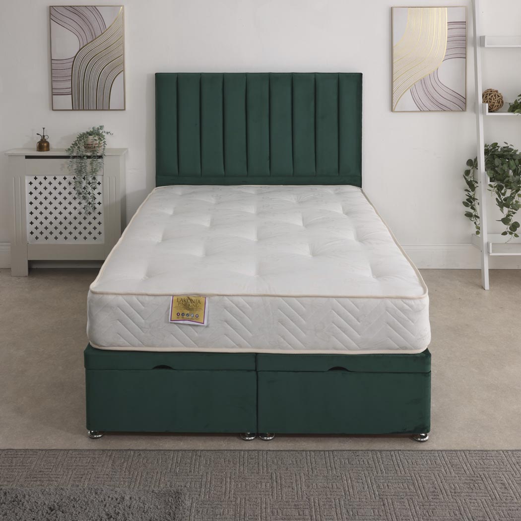 Lakonia Coil Sprung Ottoman End Lift Bed Set – front view, styled in a bedroom
