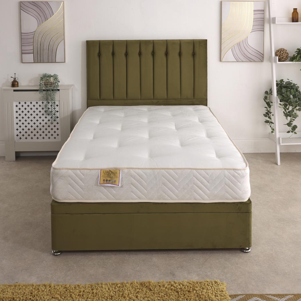 Lakonia Coil Sprung Ottoman Side Lift Bed Set – front view, styled in a bedroom
