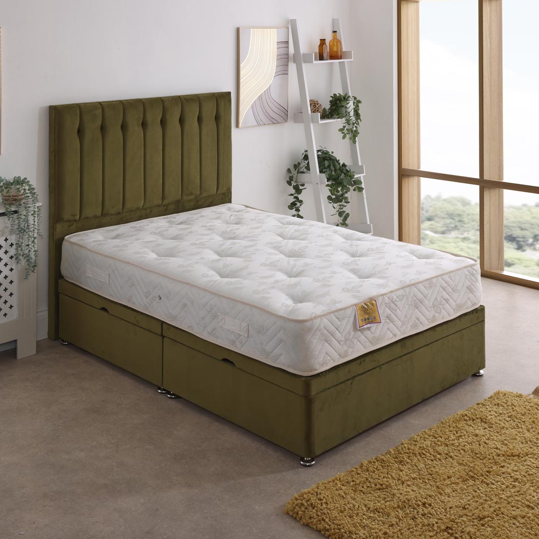 Lakonia Coil Sprung Ottoman Side Lift Bed Set – front view, styled in a bedroom