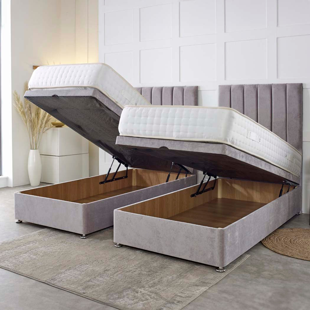 Luxury Hotel Zip and Link 1000 Pocket Sprung Intelligent Fibre Ottoman Divan Bed Set – angled view, storage open