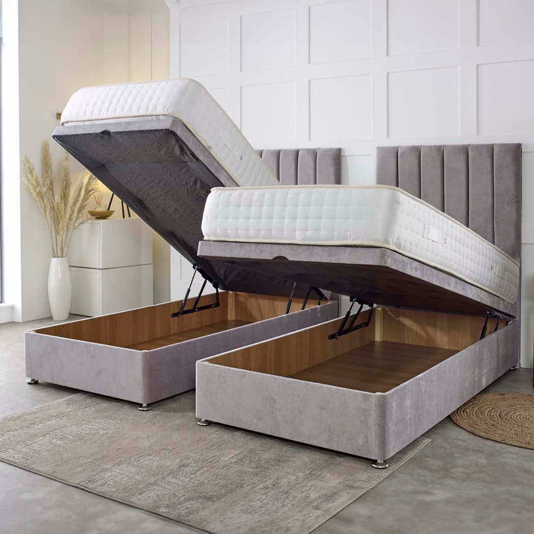 Luxury Hotel Zip and Link 5000 Pocket Sprung Intelligent Wool Ottoman Divan Bed Set – angled view, storage open