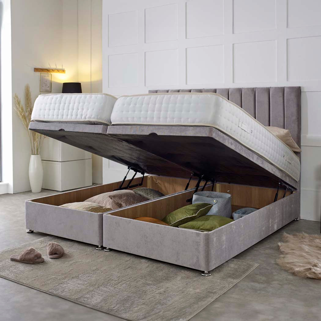 Luxury Hotel Zip and Link 5000 Pocket Sprung Intelligent Wool Ottoman Divan Bed Set – angled view, storage open
