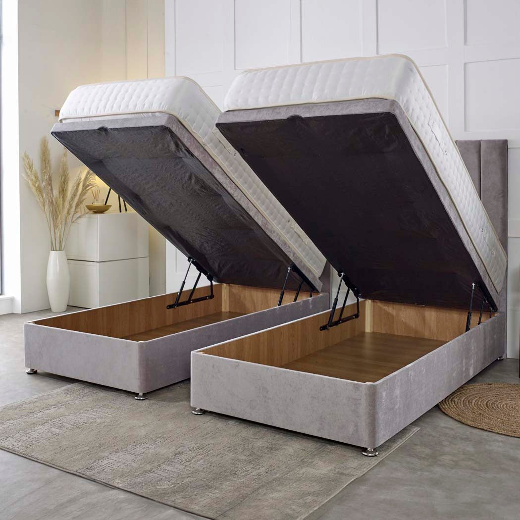 Luxury Hotel Zip and Link 1000 Pocket Sprung Intelligent Fibre Ottoman Divan Bed Set – angled view, storage open