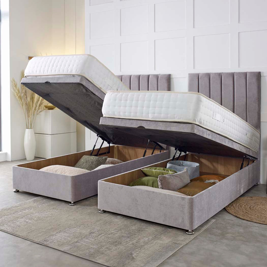 Luxury Hotel Zip and Link 1000 Pocket Sprung Intelligent Fibre Ottoman Divan Bed Set – angled view, storage open