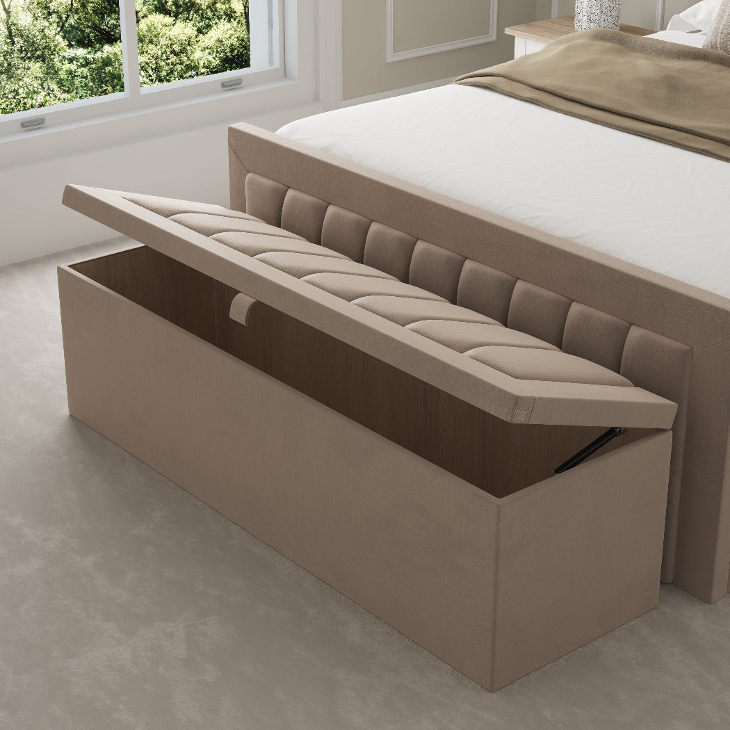 Malaga Fabric Upholstered Blanket Box – angled view, storage open
