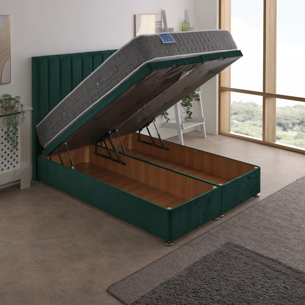 Matrix Dual Season 1000 Pocket Sprung Ottoman End Lift Bed Set – styled in a bedroom, storage open