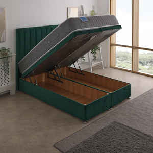 Matrix Dual Season 1000 Pocket Sprung Ottoman End Lift Bed Set – styled in a bedroom, storage open