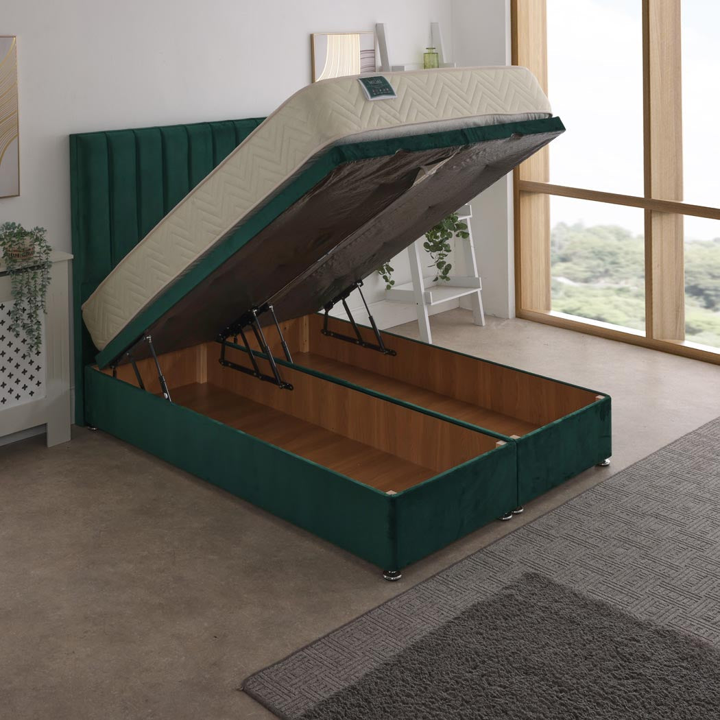 Midas Coil Sprung Ottoman End Lift Bed Set – angled view, storage open